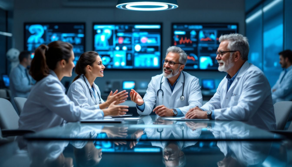 A healthcare team collaborating on a pain management plan.